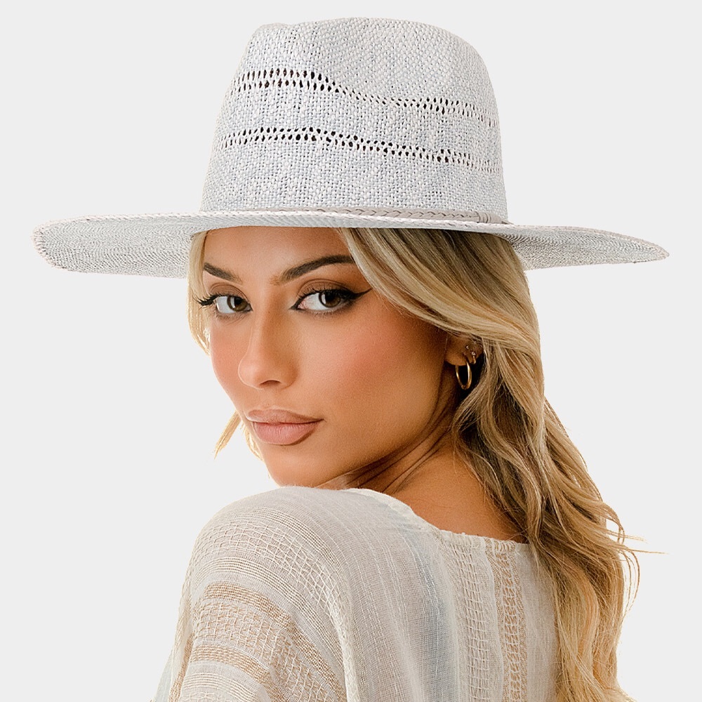 Blue Braided Trim Woven Straw Fedora Hat